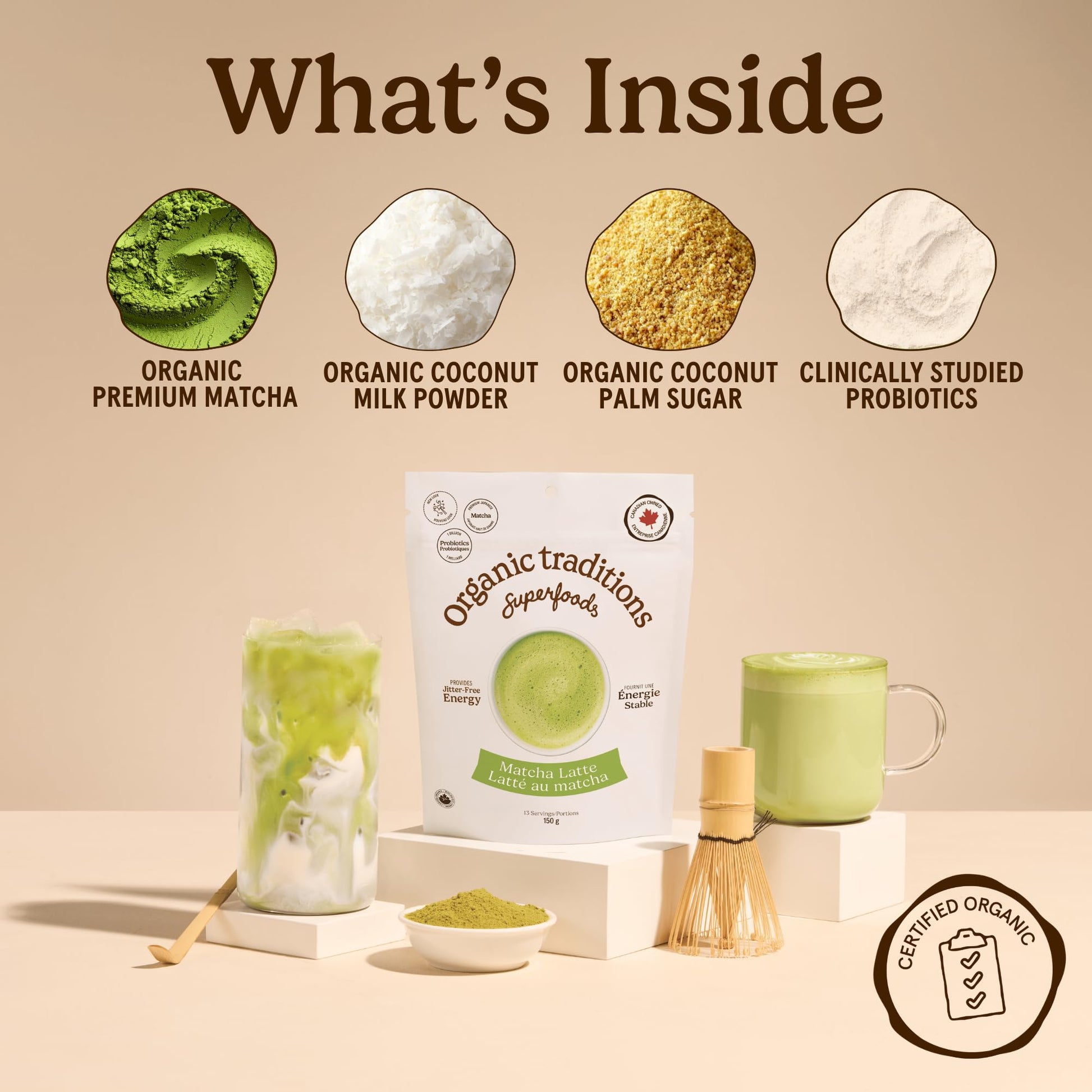 Organic Traditions Matcha Latte Powder, Japanese Matcha Green Tea With Coconut Milk, Naturally Occurring Caffeine And L Theanine, Lightly Sweetened Instant Latte Drink With Probiotics, 150g / 5.3oz - Available at All In One Marketplace Canada