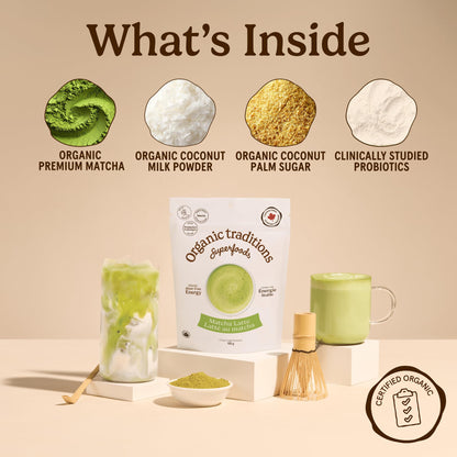 Organic Traditions Matcha Latte Powder, Japanese Matcha Green Tea With Coconut Milk, Naturally Occurring Caffeine And L Theanine, Lightly Sweetened Instant Latte Drink With Probiotics, 150g / 5.3oz - Available at All In One Marketplace Canada