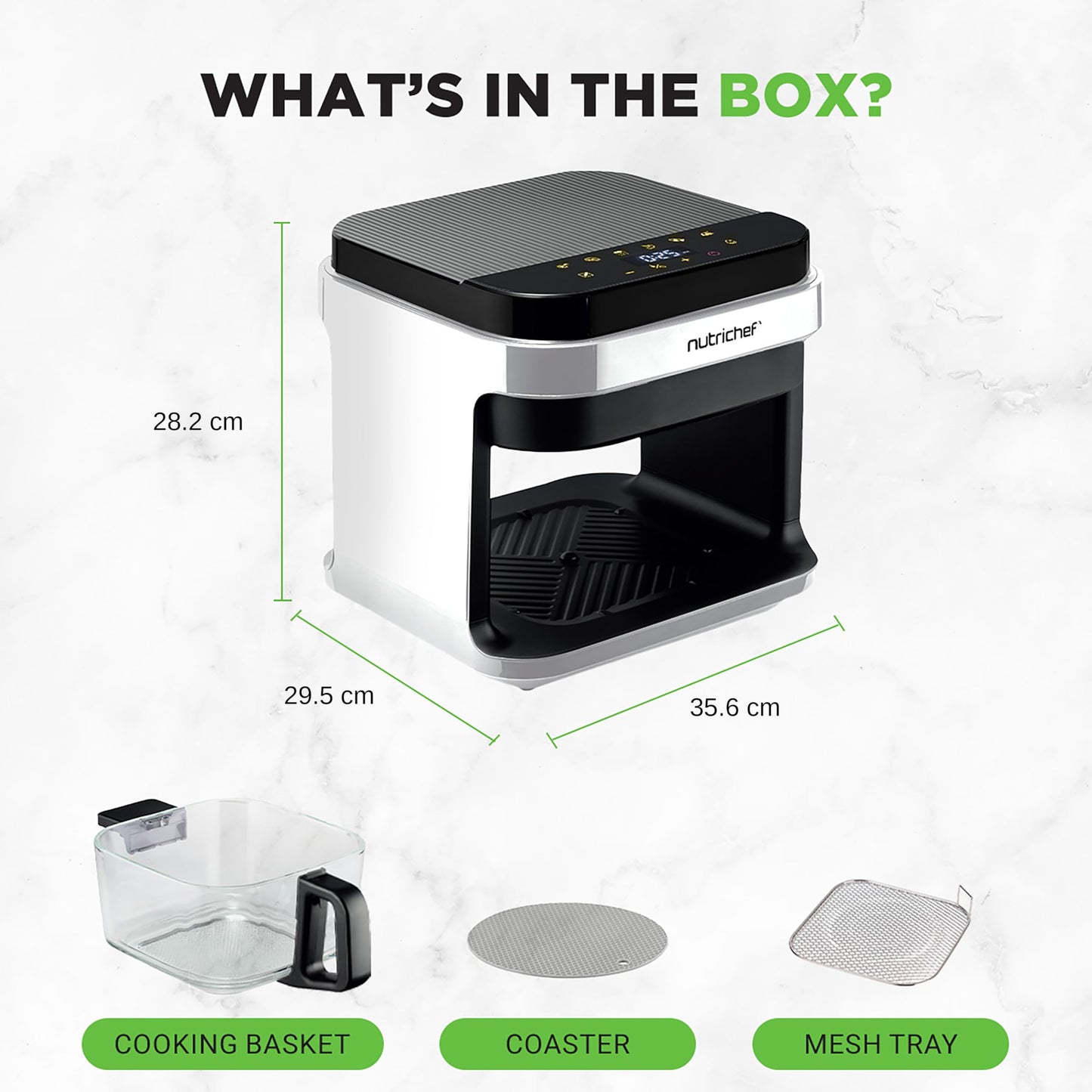 Nutrichef 5.8 Quart Air Fryer | 8-1 Preset Cook Modes | Transparent Fry Bowl for Best Cooking Results | Cook Shrimp, Steak, Fries, Wings, Chicken & More | Precise Temperature Control & Time | White NutriChef