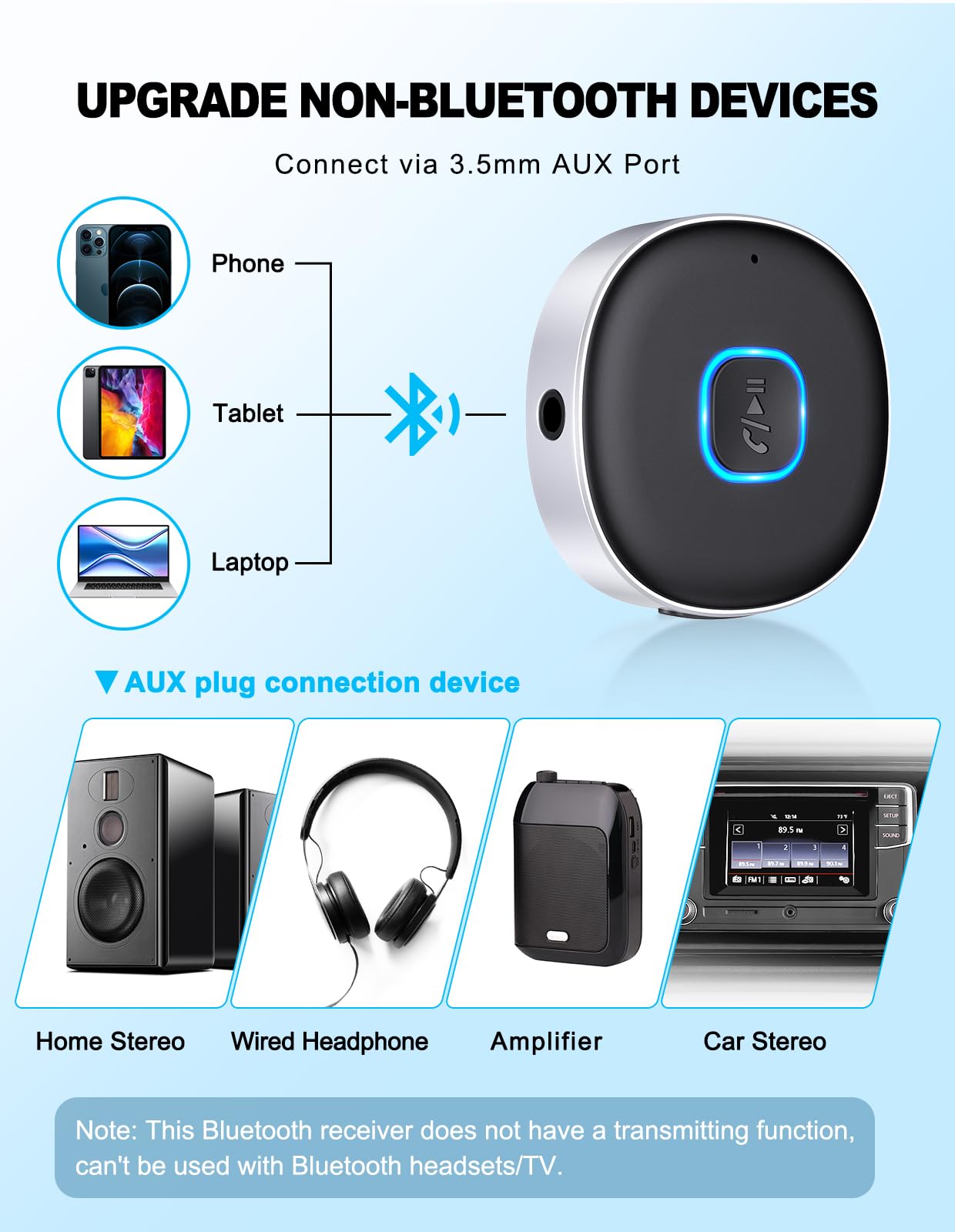 WOCBUY Bluetooth Adapter for Car, 3.5mm AUX Bluetooth Receiver for Music Streaming, Bluetooth 5.0 Wireless Audio Receiver for Car/Home Stereo/Wired Headphones/Speaker, Dual Connection, 12H Playtime - Available at All In One Marketplace Canada