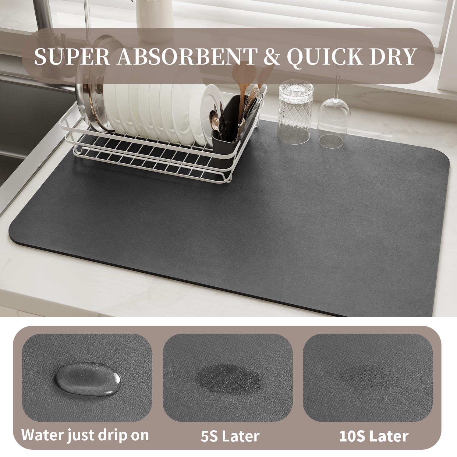 MontVoo-Absorbent Dish Drying Mat-Kitchen Counter Rubber Backed Water Absorbing Drying Mat-Hide Stain Under Dish Mat Quick Dry Coffee Mat-Dark Grey 12''x19'' - Available at All In One Marketplace Canada