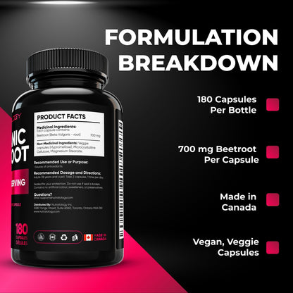 Nutratology® Organic Beetroot Capsules | 1400mg per Daily Serving | 180 Capsules | Canadian Made | Source of Antioxidants | Organic Beet Root Powder - Available at All In One Marketplace Canada