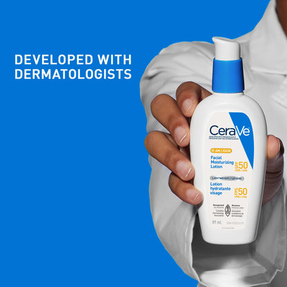 CeraVe AM Face Moisturizer SPF 50, Facial Moisturizing Lotion with Sunscreen, Hyaluronic Acid & Niacinamide, Broad Spectrum UVA+UVB Protection, No White Cast, Recommended by Dermatologists, 89mL