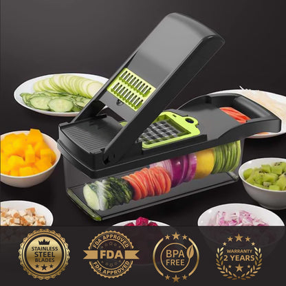 Vegetable Chopper Cutter Slicer Multifunctional 13-in-1 Food Veggie Onion Potato Fruit Chopper Cutter Dicer with Container, 8 Interchangable Blades, Hand Protector, Drain Strainer, Cleaning Brush - Available at All In One Marketplace Canada
