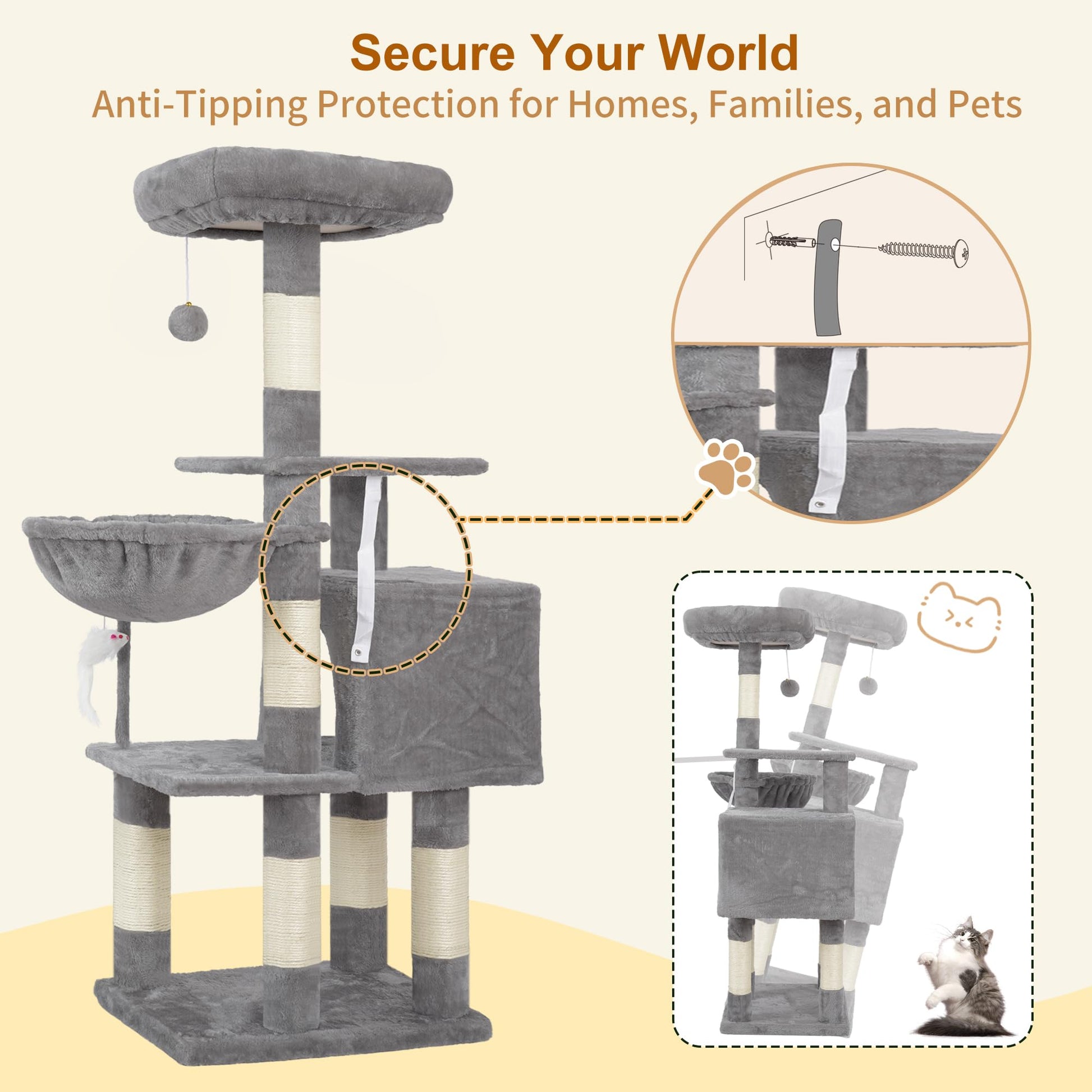 Heybly Cat Tree with Toy, Cat Tower condo for Indoor Cats, Cat House with Padded Plush Perch, Cozy Hammock and Sisal Scratching Posts, Light Gray S HCT004SW