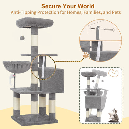 Heybly Cat Tree with Toy, Cat Tower condo for Indoor Cats, Cat House with Padded Plush Perch, Cozy Hammock and Sisal Scratching Posts, Light Gray S HCT004SW