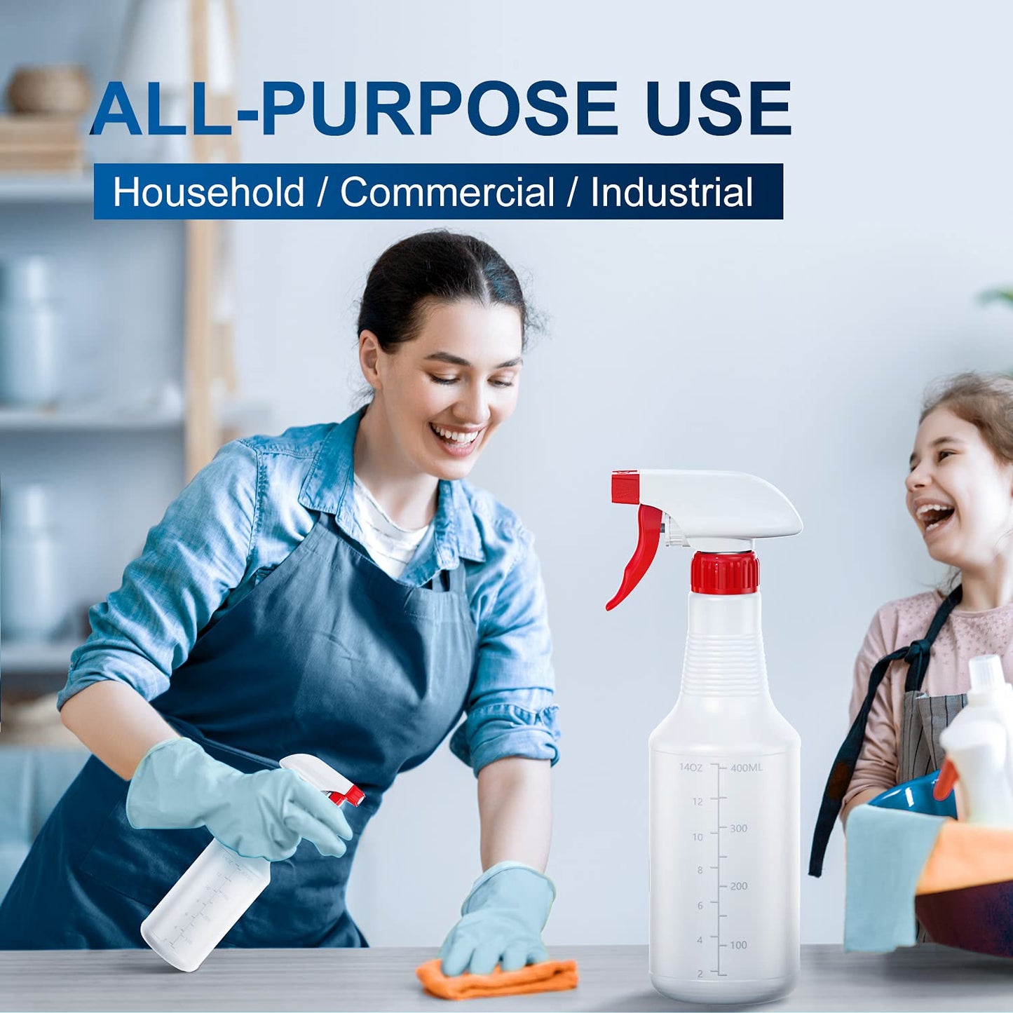 Veco Spray Bottle (5 Pack,16 Oz) with Measurements and Adjustable Nozzle(Mist & Stream Mode), HDPE Plastic Spray Bottles for Cleaning Solution,No Leak and Clog