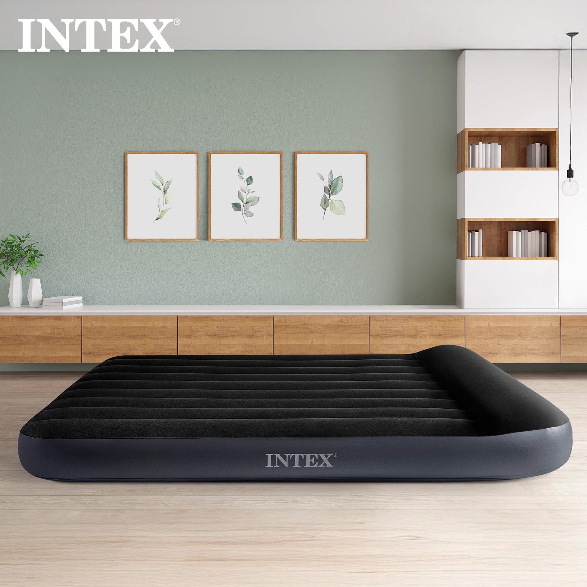 INTEX 64145ED Dura-Beam Standard Pillow Rest Air Mattress: Fiber-Tech – Twin Size – Built-in Electric Pump – 10in Bed Height – 300lb Weight Capacity Intex