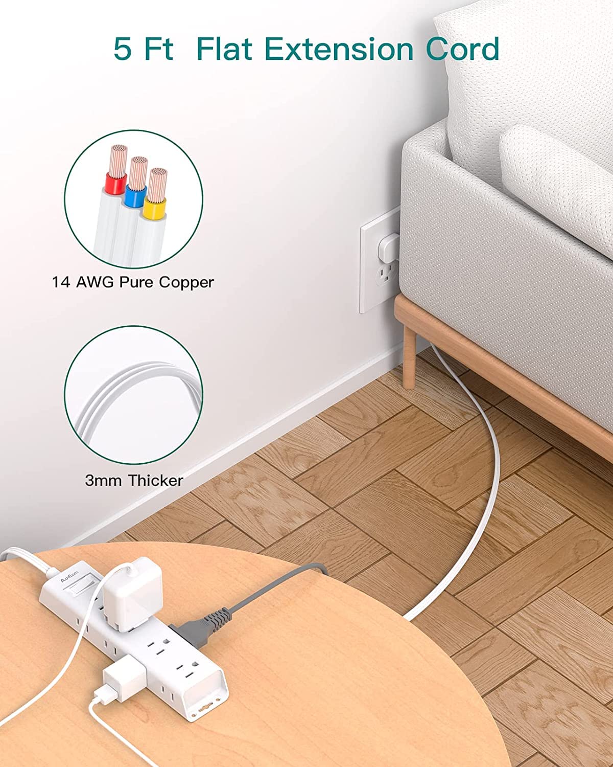Addtam Flat Plug Power Bar, Ultra Thin Flat Extension Cord with 1050J Surge Protector, 12 Widely AC 3 Sides Multiple Outlets, 5Ft Wall Mount, Desk Charging Station for Home Office Dorm Room Essentials - Available at All In One Marketplace Canada