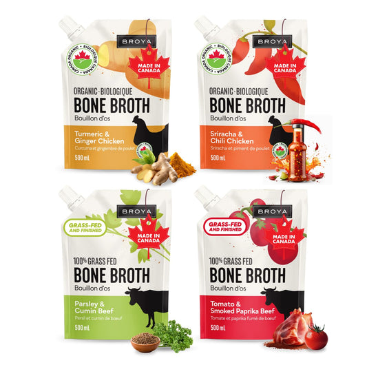 Broya Bone Broth Variety Pack - Grass-Fed Beef & Organic Chicken - Keto & Paleo Friendly - 500 ml (4 Pack)