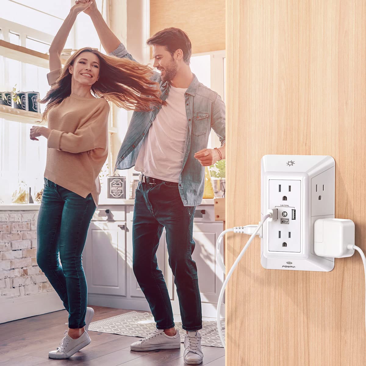 3-Sided Power Bars with Surge Protector, POWRUI 6-Outlet Extender with 3 USB Ports (1 USB C) and Night Light, Multi Plug Outlet and Spaced Outlets Adapter, ETL, White - Available at All In One Marketplace Canada
