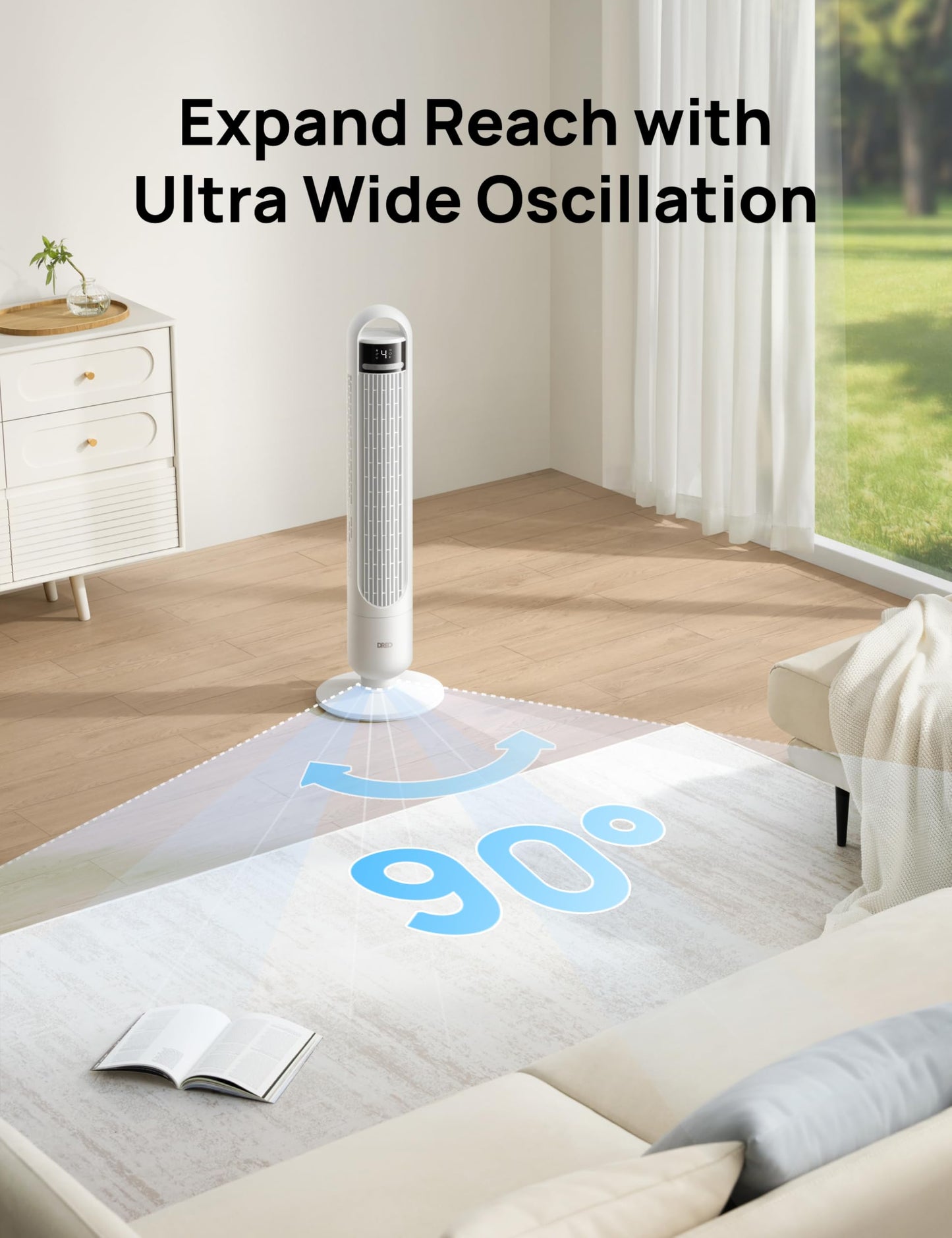 DREO Smart Tower Fan for Bedroom, 90° Oscillating Standing Fans for Room with 4 Speeds, 4 Modes, 25dB Quiet for Sleep, 25ft/s Velocity, 8H Timer, Remote/App/Voice Control for Living Room, Office, Home