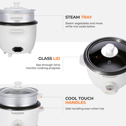 CUCKOO One Touch Rice Cooker 3-Cup (Uncooked) / 6-Cup (Cooked), Mini Rice Cooker & Warmer with Steamer Tray, Versatile Grain Cooker, Soup Maker, Auto Keep Warm, White (CR-0301C) CUCKOO