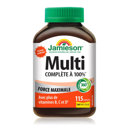 Jamieson 100% Complete Multivitamin Max Strength, with Higher Concentrations of Vitamin B, Vitamin C, and Vitamin D. Supports Immunity, Energy, and Overall Health, Gluten-Free, One Per Day, 115 Caplets - Available at All In One Marketplace Canada