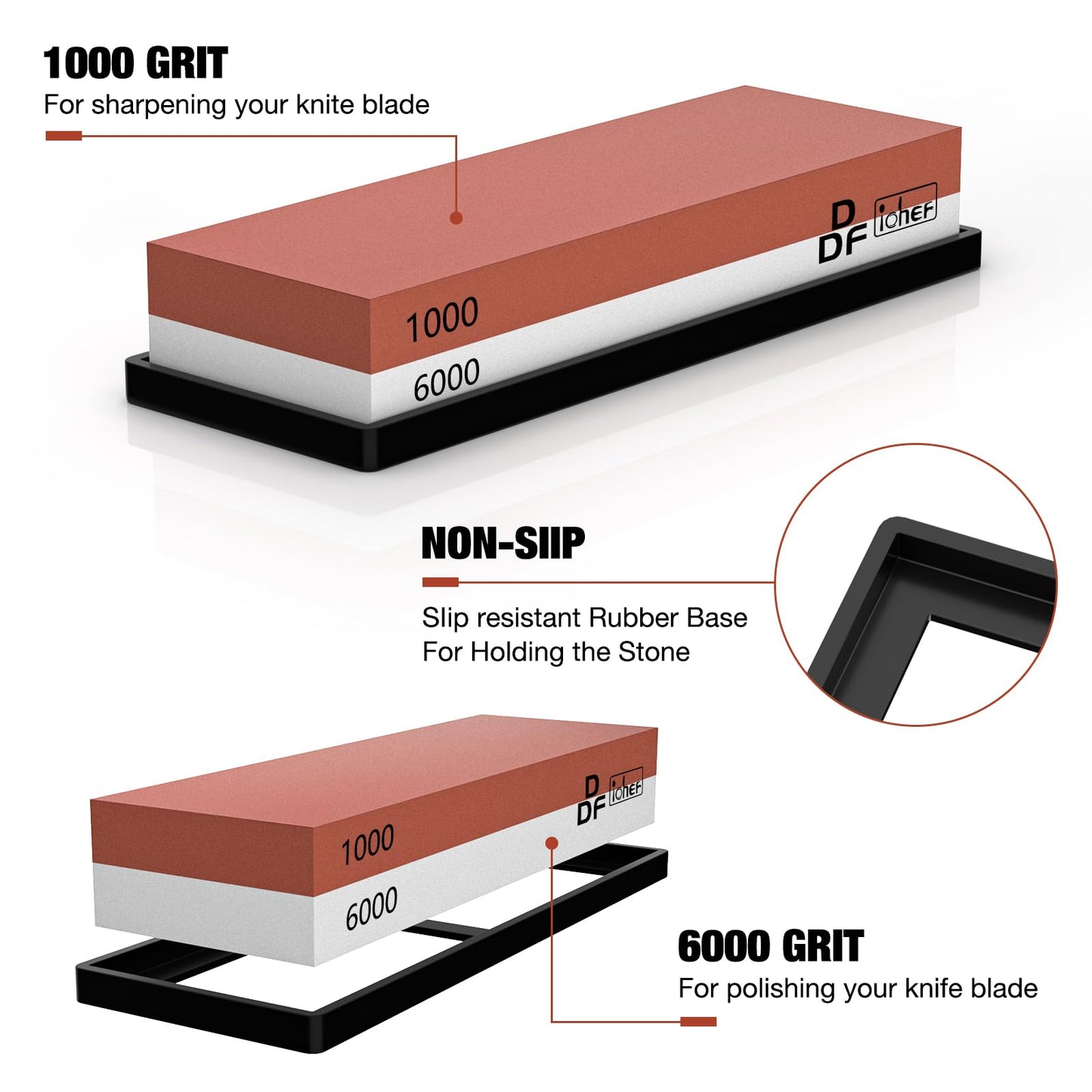 DDF iohEF Sharpening Stone, Whetstone grit 1000/6000, Professional 2-in-1 Double-Sided Knife Sharpener with Non-Slip Silicone Base and Angle Guide (red) - Available at All In One Marketplace Canada