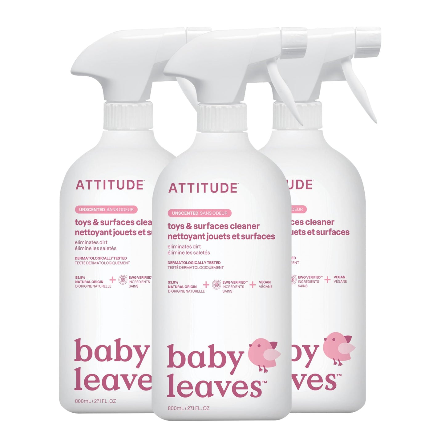 ATTITUDE Baby & Kids Toy Cleaner Spray, EWG Verified, Multi-Surface Cleaner for Toys, High Chairs & Play Areas, Naturally Derived, Vegan, Unscented, 800 mL (Pack of 3)