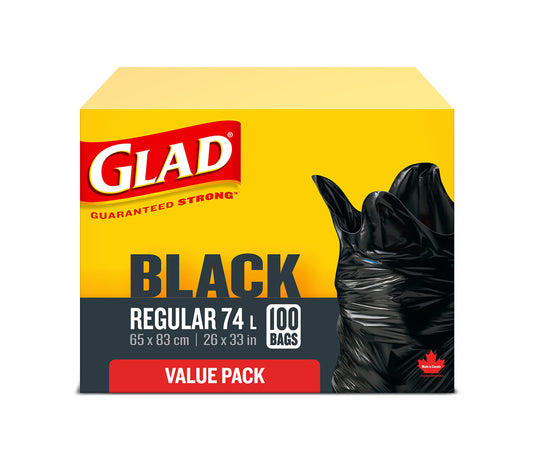 Glad Black Garbage Bags - Regular 74 Litres - Value Pack 100 Trash Bags, Made in Canada of Global Components