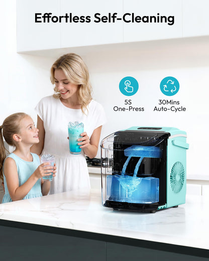 EUHOMY Countertop Ice Maker Machine with Handle, 26lbs Per Day, 9 Ice Cubes Ready in 6 Mins, Auto-Cleaning Portable Ice Maker with Basket and Scoop, for Home/Kitchen/Camping/RV (Green)
