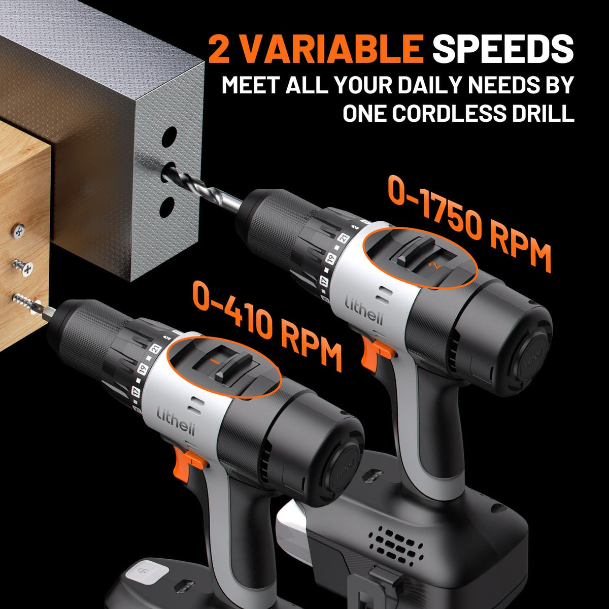 Litheli 20V Cordless Drill Driver, Electric Power Drill with 2 Variable Speed Settings, 1/2 Inch Keyless Chuck, 21+1 Clutch Settings with Maximum Torque of 443 in-lbs