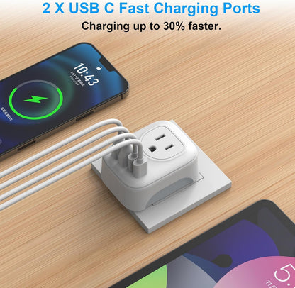 2 Pack European Travel Plug Adapter, VYLEE International Travel Adapter with 2 Outlets 4 USB Ports(2 USB C), 6 in 1 Type C Travel Essentials Charger for US to Most of Europe EU Italy Spain France - Available at All In One Marketplace Canada