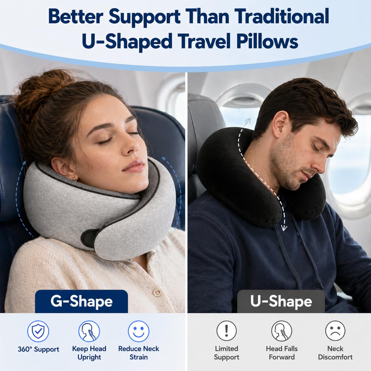 Purroch Neck Pillow Airplane, Travel Pillow with Eye Mask & Earplugs, Memory Foam Pillow with Adjustable Velcro Strap, Pillows for Travel, Plane, Car, Home, Work, Light Grey - Available at All In One Marketplace Canada