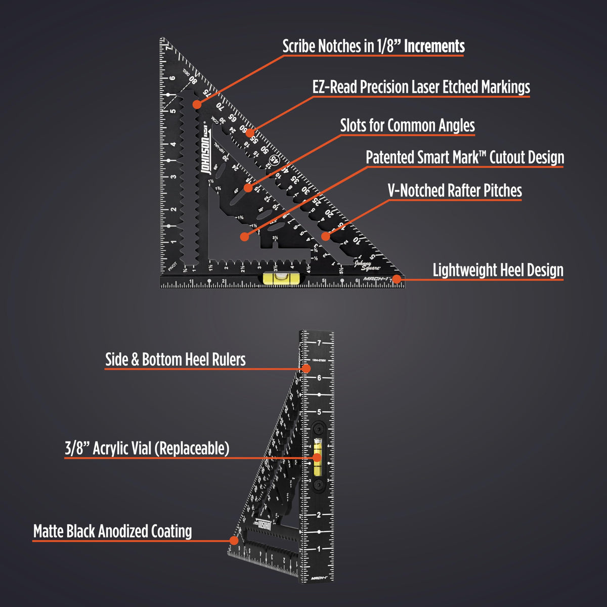 Johnson Level & Tool 1904-0700V 7-1/4" Johnny Square® MACH-1™ Smart Mark™ Rafter Square with Level Vial, Black