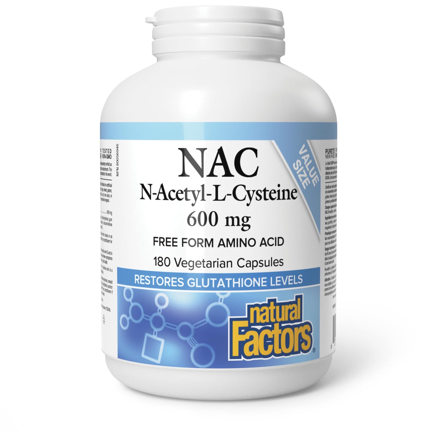 Natural Factors NAC Supplement (N-Acetyl-L-Cysteine), 600 mg, 180 Vegetarian Capsules, VALUE SIZE, Free Form Amino Acid, Helps Restore Glutathione Levels, Antioxidant Support, Proudly Canadian - Available at All In One Marketplace Canada
