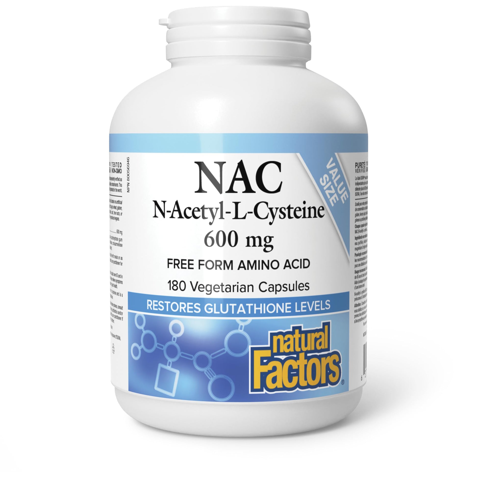 Natural Factors NAC Supplement (N-Acetyl-L-Cysteine), 600 mg, 180 Vegetarian Capsules, VALUE SIZE, Free Form Amino Acid, Helps Restore Glutathione Levels, Antioxidant Support, Proudly Canadian - Available at All In One Marketplace Canada