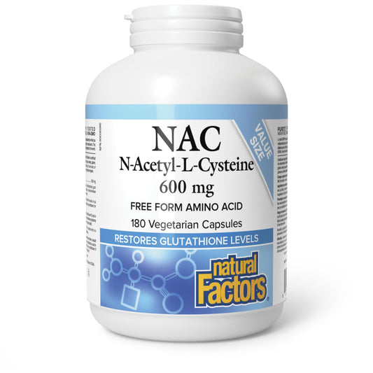 Natural Factors NAC Supplement (N-Acetyl-L-Cysteine), 600 mg, 180 Vegetarian Capsules, VALUE SIZE, Free Form Amino Acid, Helps Restore Glutathione Levels, Antioxidant Support, Proudly Canadian - Available at All In One Marketplace Canada