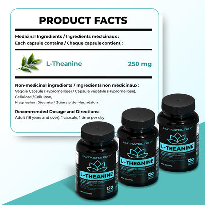 Nutratology® L-Theanine 250MG Capsules | Canadian-Made | For Stress Management | Promotes Relaxation & Calmness Without Drowsiness - L-Theanine Supplement for Stress Relief | 120 Capsules