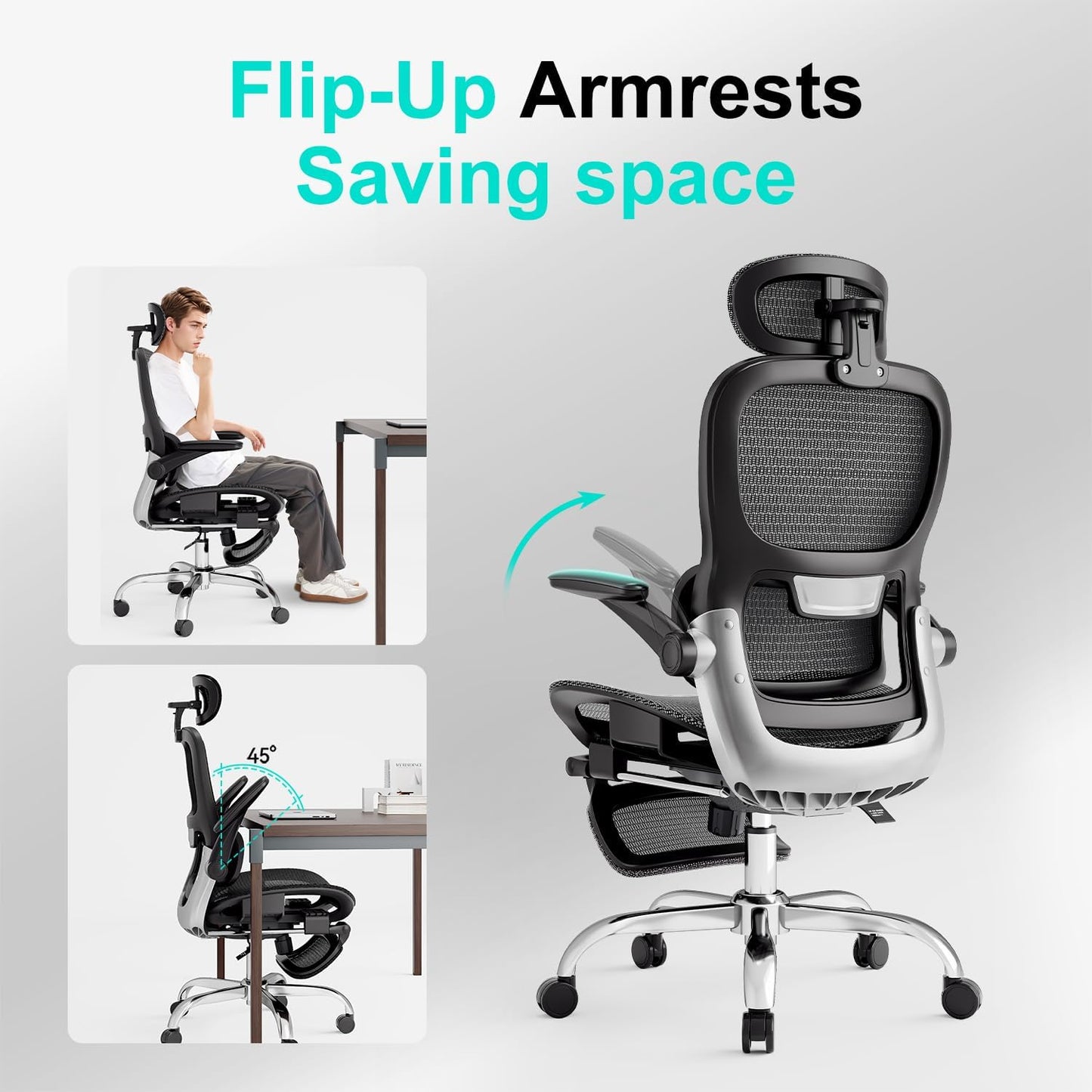 Ergonomic Office Chair,Office Chair with Tilt Function,Mesh Office Chair with Footrest,Ergonomic Chair with Adaptive Backrest, Adjustable Headrest and Flip-Up Armrests - Available at All In One Marketplace Canada