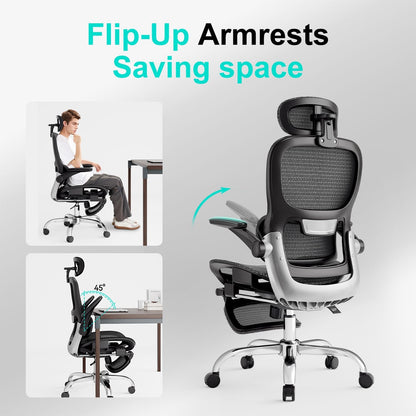 Ergonomic Office Chair,Office Chair with Tilt Function,Mesh Office Chair with Footrest,Ergonomic Chair with Adaptive Backrest, Adjustable Headrest and Flip-Up Armrests - Available at All In One Marketplace Canada