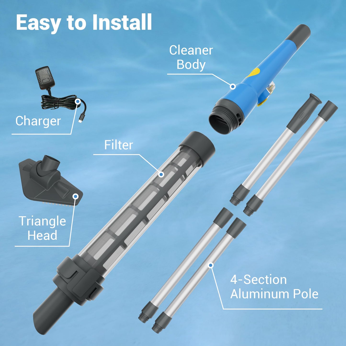 Hushlight Handheld Hot Tub Vacuum – Lightweight Stick Cleaner for Above-Ground Pools, Includes 2 Brush Heads for Debris and Sand (Blue) - Available at All In One Marketplace Canada