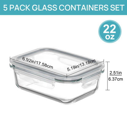 Vtopmart 5 Pack 22oz Glass Food Storage Containers with Lids, Meal Prep Containers, Airtight Lunch Bento Boxes with Snap Locking Lids for Microwave, Oven, Freezer and Dishwasher - Available at All In One Marketplace Canada