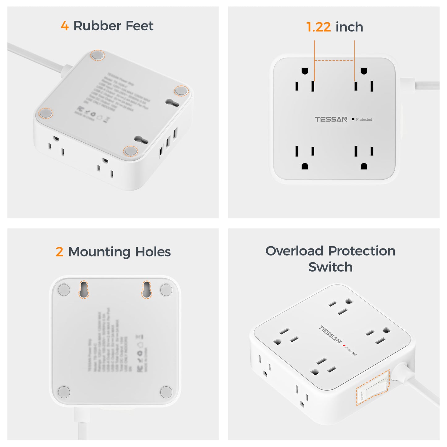 Flat Plug Power Bar, TESSAN 5 Ft Extension Cord Indoor with 8 Multi Outlets and 3 USB (1 USB C), Surge Protector Power Strip, Wall Mount Charging Station for Home Office Dorm, Gray