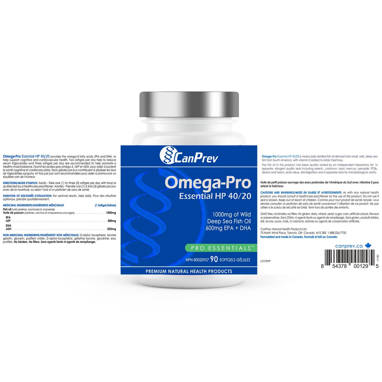 CanPrev Omega-Pro Essential HP 40/20, 90 Softgels 30-Day Supply - 1000mg Wild Deep-Sea Fish Oil, Omega-3 EPA & DHA Formula, Molecular Distilled with Vitamin E, Supports Heart, Brain, Joint, Eye & Skin - Available at All In One Marketplace Canada