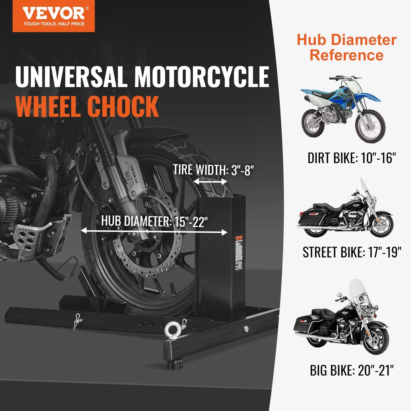 VEVOR Motorcycle Wheel Chock Upright, 1800 lbs Capacity, Heavy-duty Steel Motorcycle Front Wheel Stand with 6 Adjustable Holes, For 15"-22" Off-Road Motorcycles, Standard Motorcycles VEVOR