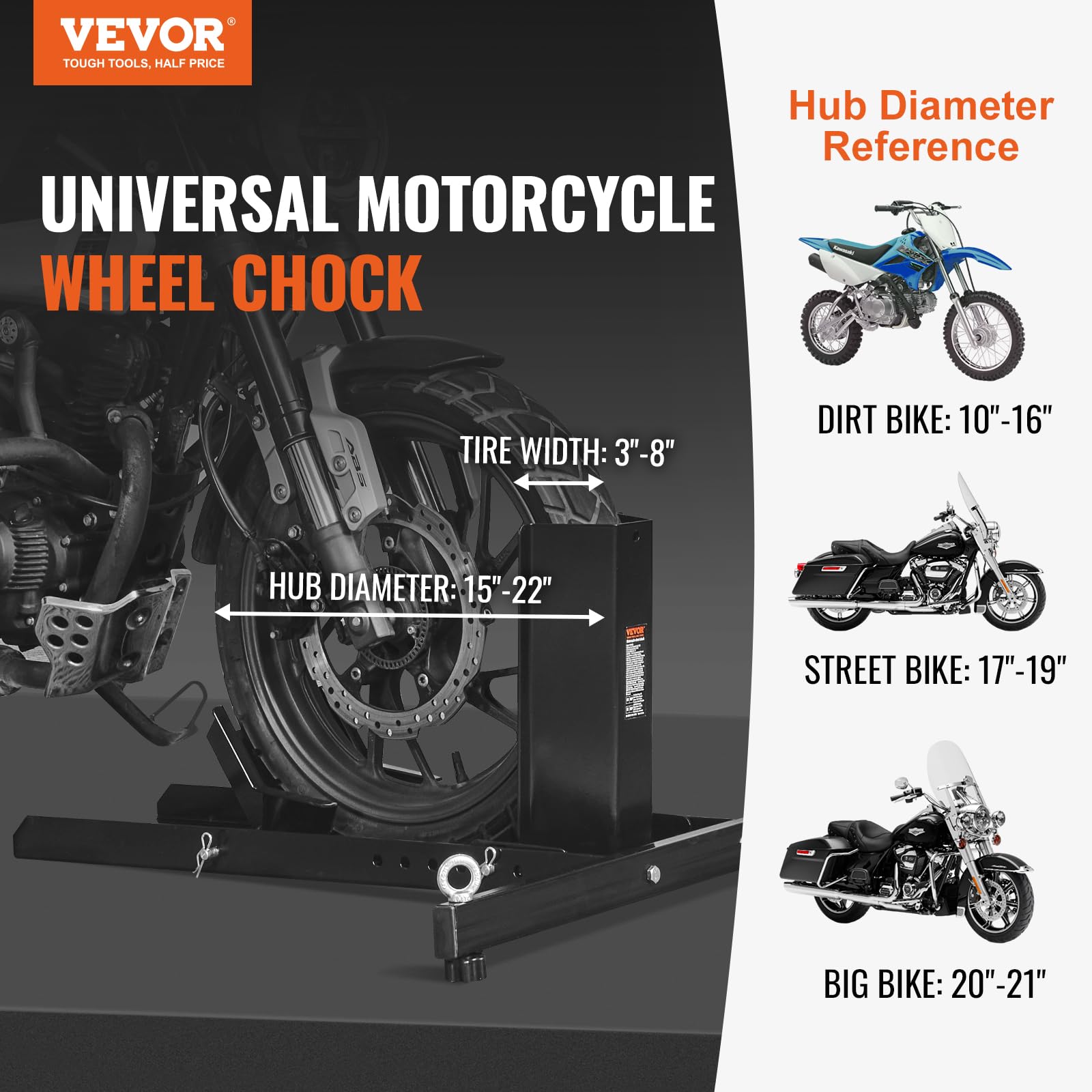 VEVOR Motorcycle Wheel Chock Upright, 1800 lbs Capacity, Heavy-duty Steel Motorcycle Front Wheel Stand with 6 Adjustable Holes, For 15"-22" Off-Road Motorcycles, Standard Motorcycles VEVOR