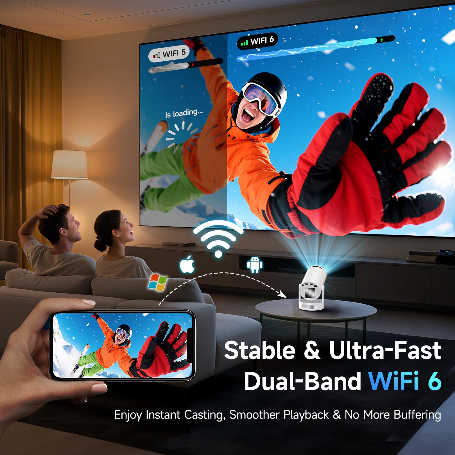 Kimwood Projector with Upgraded HiFi Speaker, [Built-in Apps] 1080P Mini Portable Projector Lower Noise Auto Keystone WiFi 6 Bluetooth 5.4 Ultra Short Throw Projectors Big Screen in Small Room