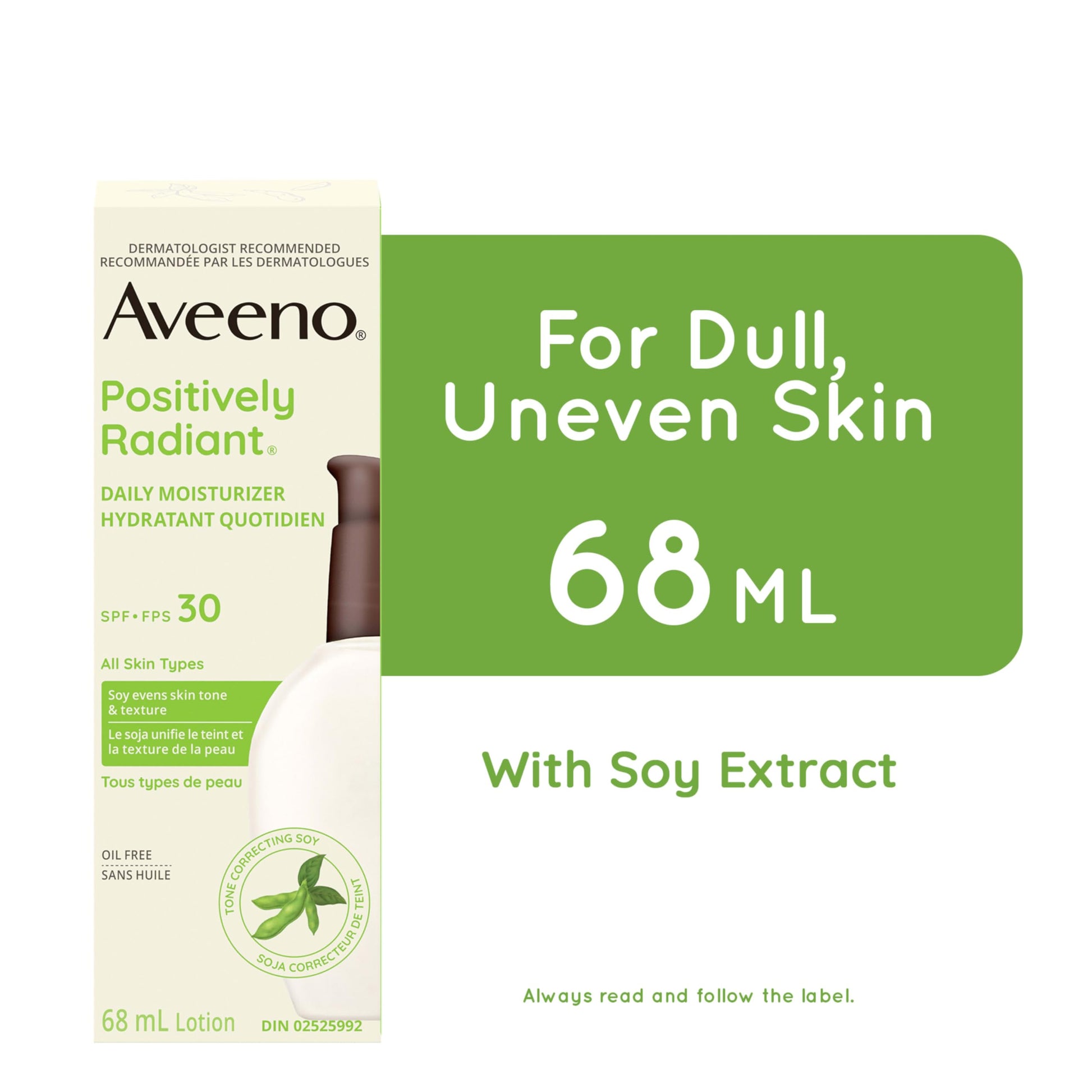 Aveeno Positively Radiant Daily Moisturizer SPF30, Sunscreen, Face Cream, Hypoallergenic, Sun Protection, 68mL
