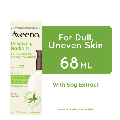 Aveeno Positively Radiant Daily Moisturizer SPF30, Sunscreen, Face Cream, Hypoallergenic, Sun Protection, 68mL