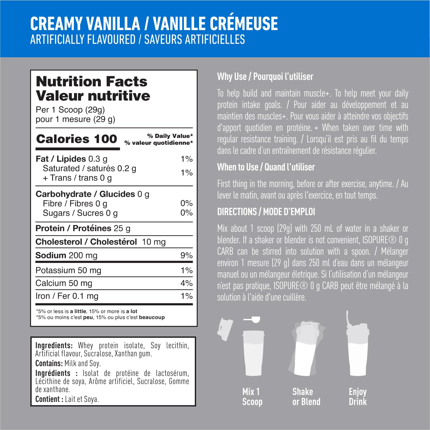 Isopure Zero Carb Whey Protein Isolate Powder - Creamy Vanilla Flavor - 25g Per Serving, 14 Servings (406g)