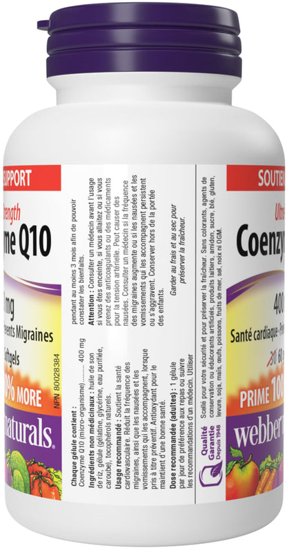 Webber Naturals Coenzyme Q10 (CoQ10) 400 mg, 60 Softgels, Ultra Strength, High Potency Antioxidant, For Heart Health, Cellular Energy Production, and Migraine Support