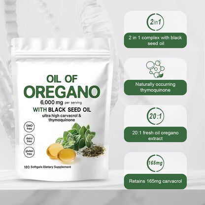 Oil of Oregano Softgels 6000mg Per Serving, 2 in 1 Formulated with Black Seed Oil 200mg, 4X Strength Carvacrol & Thymoquinone | Plant Based, Non-GMO & Immune Support (180 Count/1 Bag) - Available at All In One Marketplace Canada