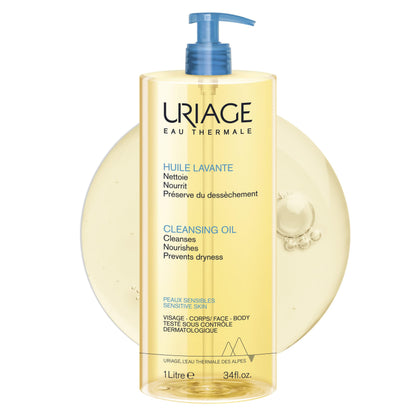 Uriage Cleansing Soothing Oil - Face & Body Daily Cleanser & Shower Oil With Glycerin & Ceramides - Whole Family Format, Babies, Children & Adults - Sensitive Skin - Soap-Free, Fragrance-Free - 1L Uriage