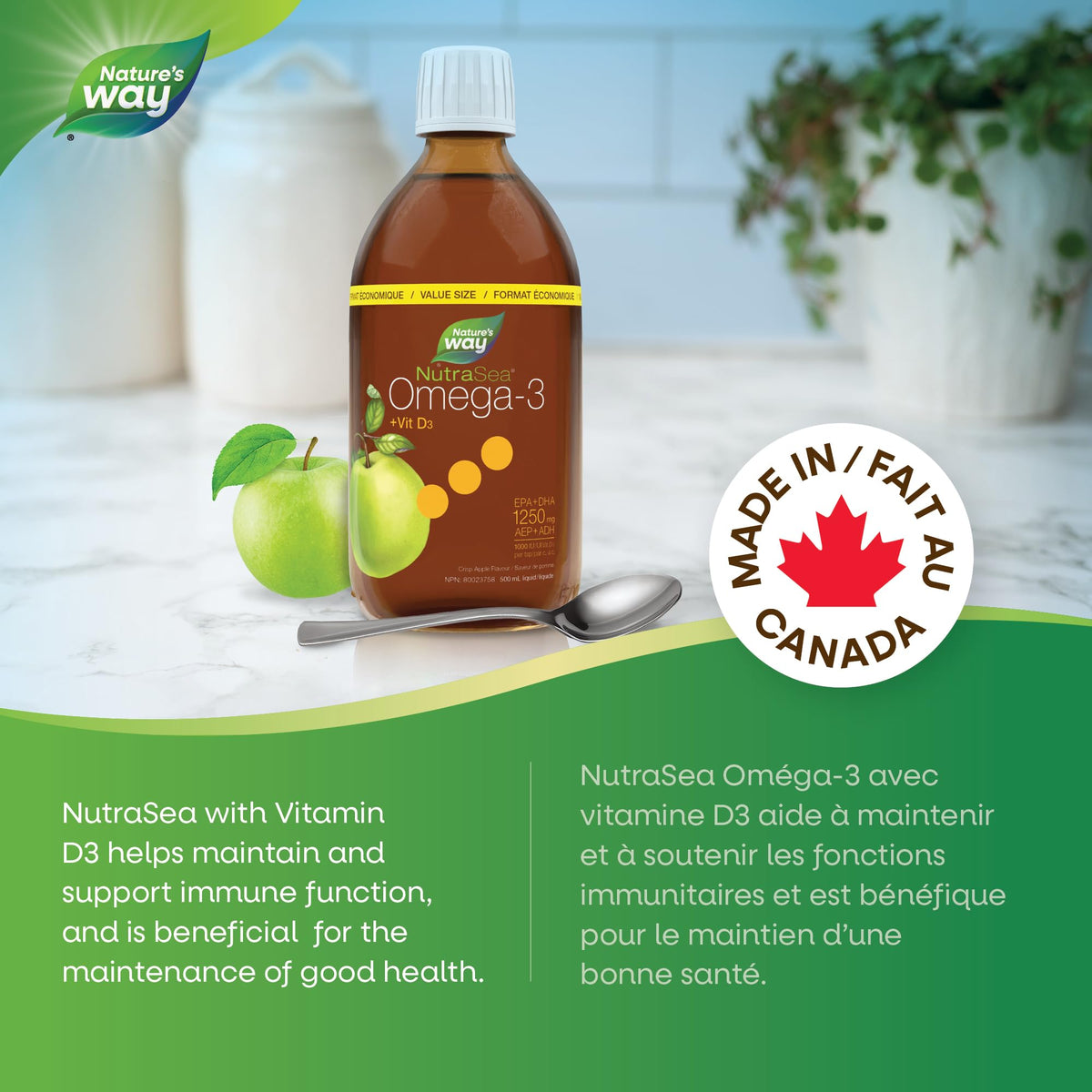 Nature's Way NutraSea Omega 3 + Vitamin D Fish Oil Liquid Supplement – Crisp Apple Flavour, Value Size – Heart, Brain, Bone & Immune Support – EPA & DHA + 1000IU D3, 500 mL