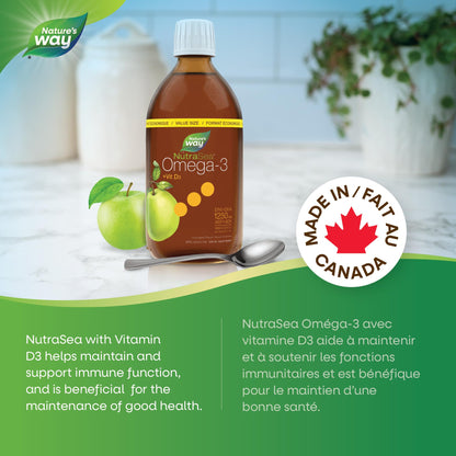 Nature's Way NutraSea Omega 3 + Vitamin D Fish Oil Liquid Supplement – Crisp Apple Flavour, Value Size – Heart, Brain, Bone & Immune Support – EPA & DHA + 1000IU D3, 500 mL