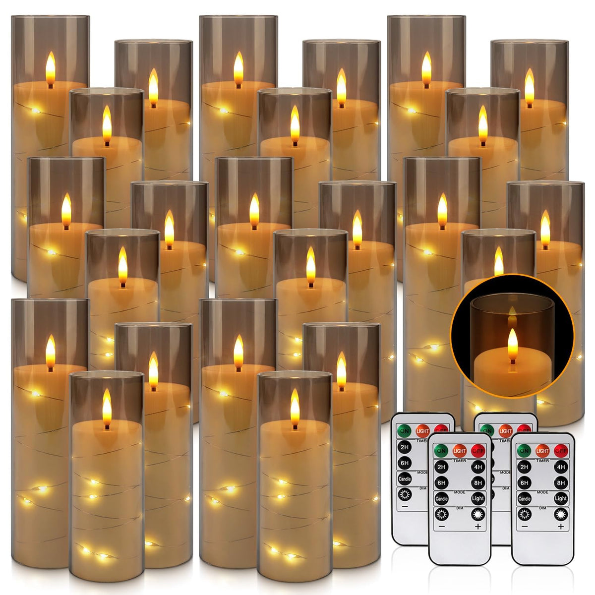 Pack of 24 Flickering Flameless Candles with Remote and 2/4/6/8 H Timer Led Embedded Light String Grey Candles(D2.17 x H 5" 6" 7") Moving Wick Candles for Christmas & &Wedding & Home Decor... 🍁 All In One Marketplace Canada