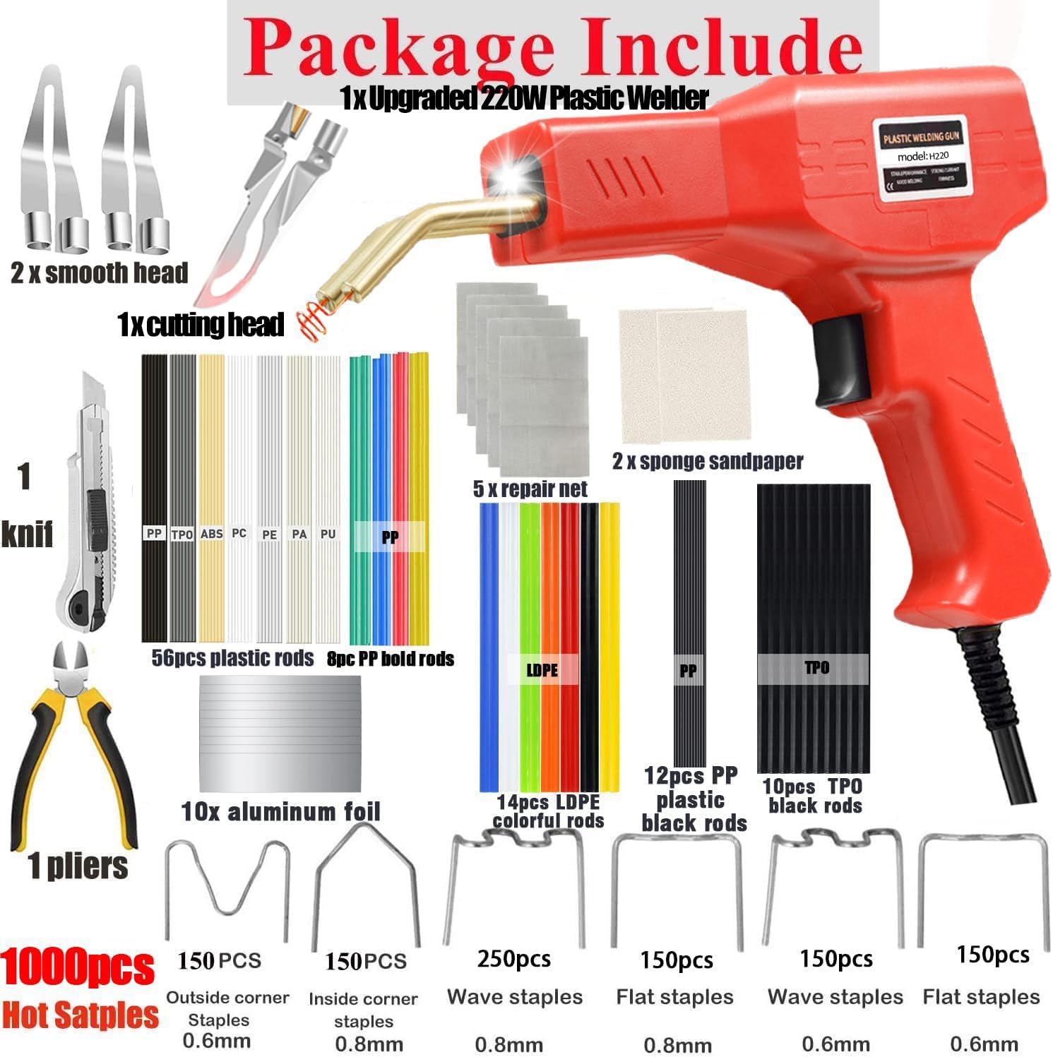 Upgraded 220W Plastic Welder, 2 in 1 Plastic Welding Repair Welder Kit 1000PCS Hot Stapler Soldering Gun with 100PCS Plastics Welding Rods Car Bumper Repair Kit for Most Plastics Repair - Available at All In One Marketplace Canada
