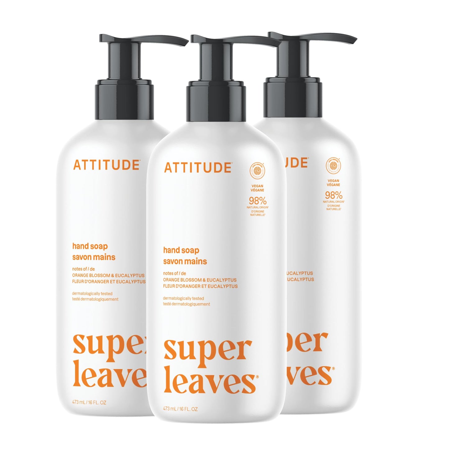 ATTITUDE Liquid Hand Soap, EWG Verified, Plant and Mineral-Based, Vegan Personal Care Products, Orange Blossom & Eucalyptus Scent, 473 mL (Pack of 3)